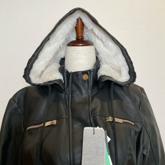 NWT Cavalini Faux Leather with Hood Jacket Black Size PM - Picture 3 of 15